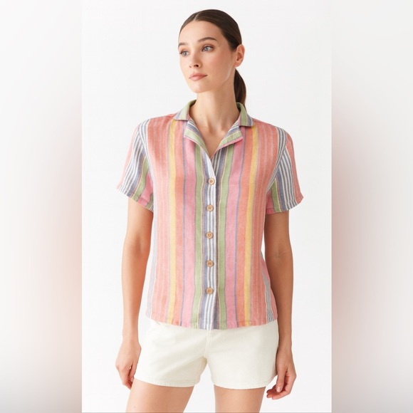 C&C California Womens S Shirt 100% Linen Button Front Rainbow Stripe - Picture 1 of 10